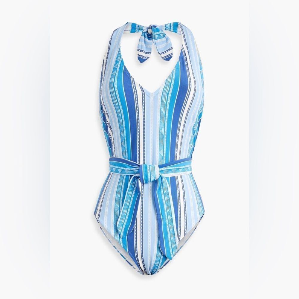 Lemlem Blue and White Halter One-Piece Swimsuit